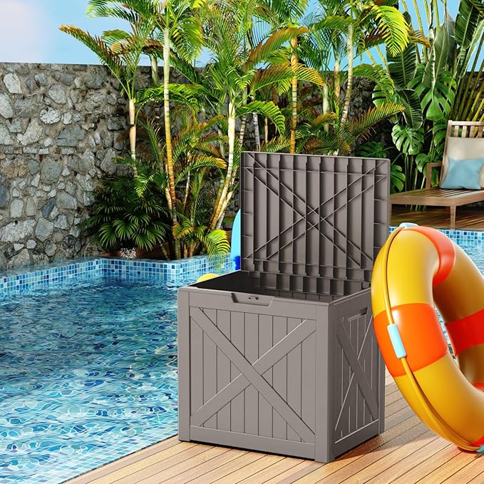 32 Gallon Resin Deck Box, Lockable Outdoor Storage Box for Patio Cushions Storage Furniture,Garden Tools, Pool Supplies, Weatherproof and UV Resistant (Grey)