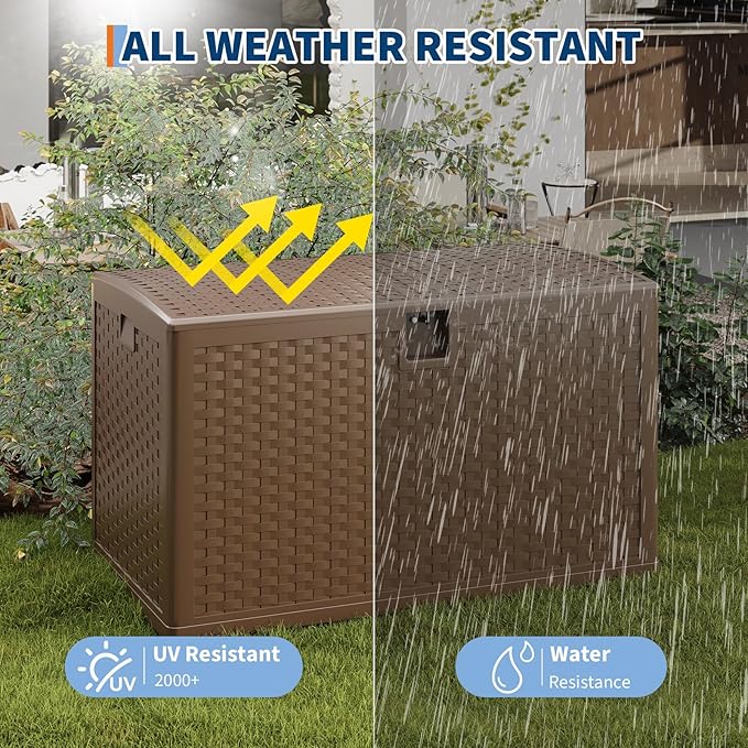 GarveeLife 120 Gallon Outdoor Storage Box, Large Resin Deck Box with Hydraulic Air Rod, Weatherproof & Lockable Outdoor Storage Bin for Patio Cushions, Garden Tools, Pool Supplies, Porch, Brown