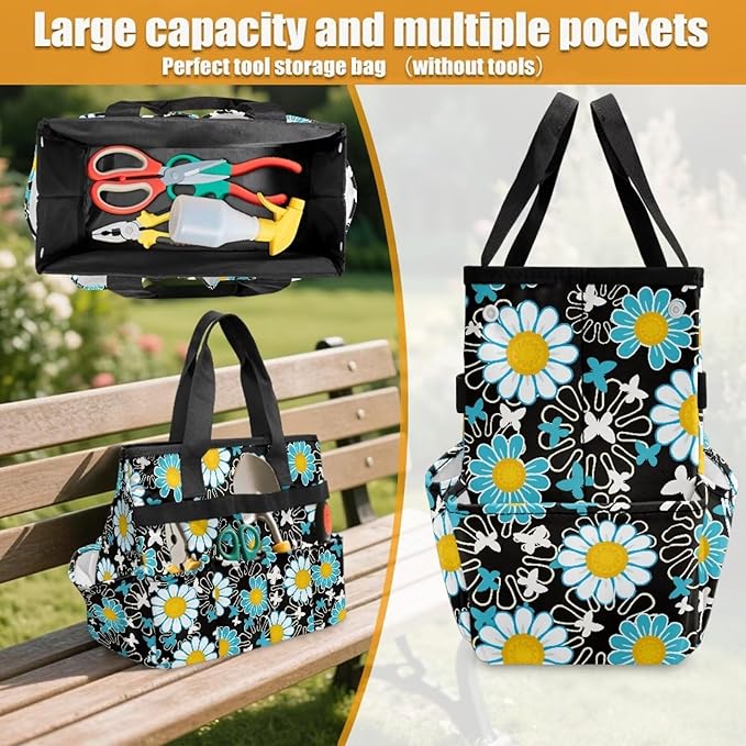 Daisy Print Garden Tool Bag Portable Gardening Tool Organizer Bag with 10 Pockets and Handle Tool Carrier and Storage for Garden Lawn Yard Casual Camp