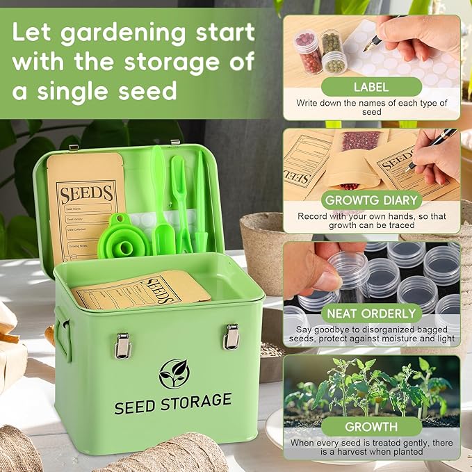 Seed Storage Organizer, Metal Seed Bank Gardening Saving Containers Box (Seeds not Included)