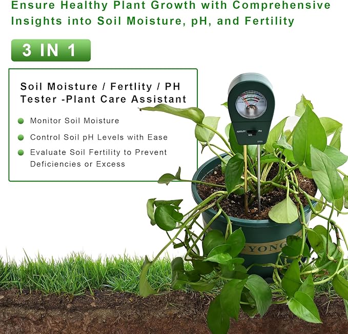 Powboro 3-in-1 Soil Tester Kit – Moisture/pH/Fertility Meter for Garden, Lawn, Potted Plants No Battery Needed Indoor/Outdoor Soil Test Kit