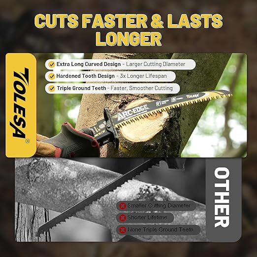 TOLESA 12in. Japanese Teeth Reciprocating Saw Blade, Arc Edge Wood Pruning Saw Blades 6TPI for Tree Trimming, Wood Cutting, Durable & Sharp, 3 Pieces