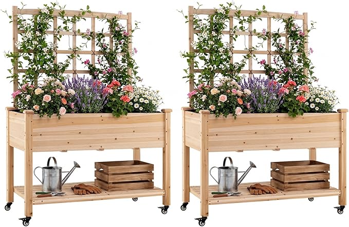Giantex 65'' Wooden Raised Garden Bed w/Trellis on Wheels Set 2, Mobile Elevated Planter Box w/Legs, Liner & Drainage Holes for Climbing Plant Vegetable Herb Flower, Outdoor Garden Box, Backyard