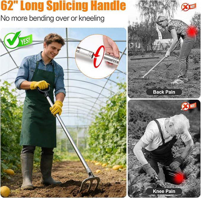 Long Handle Hand Rake Garden Tool, 62" Stand Up Weeding Rake with D-Grip, Heavy Duty 3-Tine Cultivator for Soil Loosening, Digging & Planting, Carbon Steel Tiller for Standing Weeding