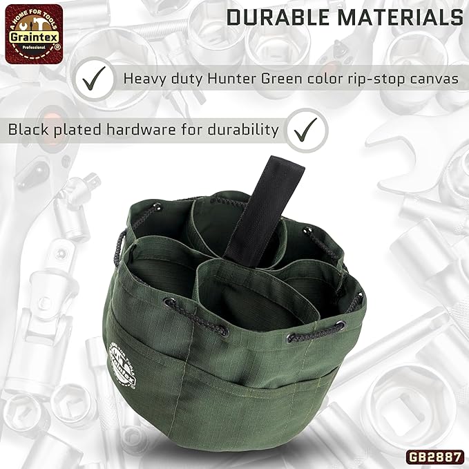 Graintex 18 Pockets Grab Bag Rip-stop Canvas Drawstring Closure, Small Part Organizer Pouch, Small Tools, Screws, Parts, Parachute Tool Bag for Efficient Storage - Hunter Green
