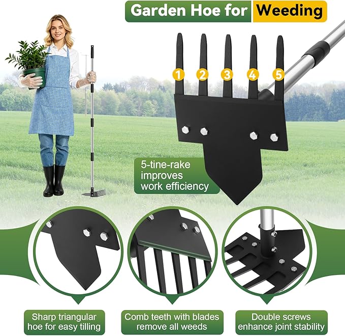 2-in-1 Hoe Garden Tools, 17-58" Weed Puller Tool with Long Handle, Heavy Duty Handle Garden Hoe and Weed Rake, Hoes for Gardening Yards Lawns Gardens Weeding
