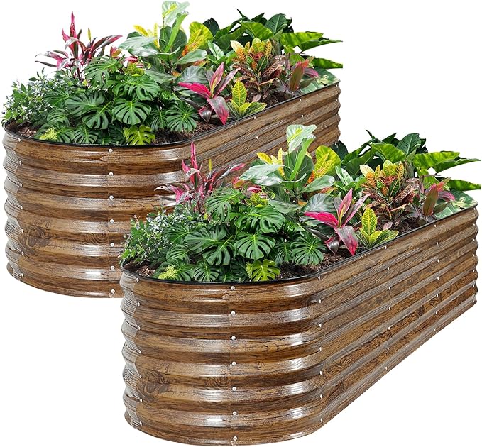 ZORMY Galvanized Raised Garden Bed Outdoor- 2PCS 8x2x1.4ft Oval Steel Raised Beds for Gardening, Metal Planter Box with Protective Strip and Gloves for Vegetables, Flowers, Fruits(Brown)