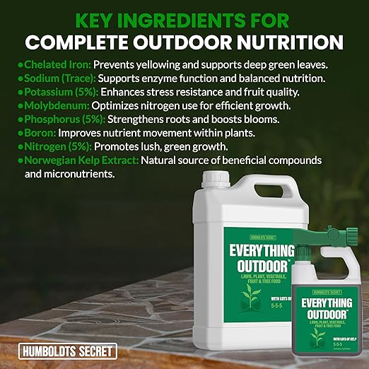 Humboldts Secret Everything Outdoor Plant Food | 5-5-5 Liquid Fertilizer with Norwegian Kelp | All Purpose Lawn, Vegetable & Fruit Food | Garden Nutrients | Refillable Hose End Bottle | 32 Ounce