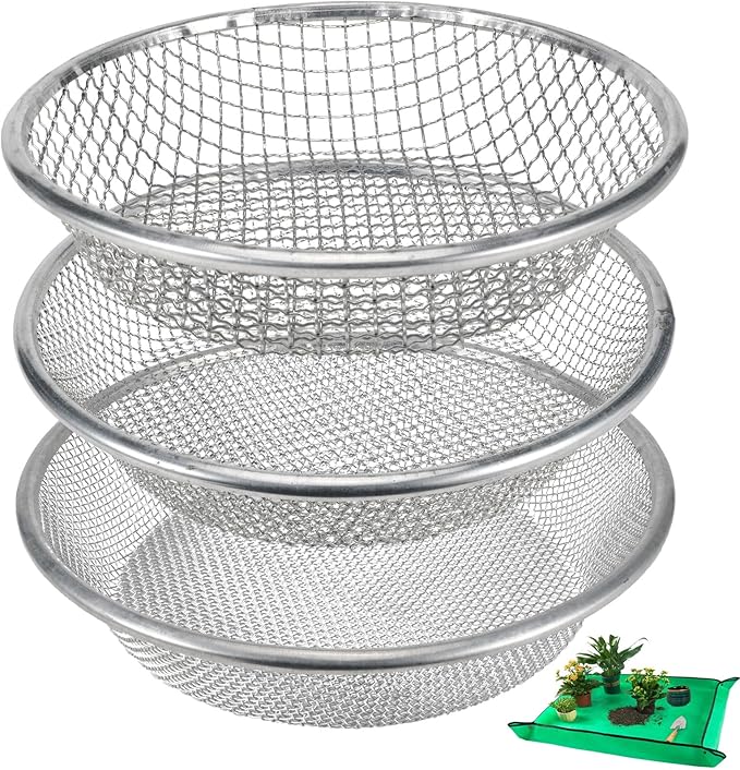 3PACK Soil Sifter for Gardening - Rock Sand Dirt Compost Sifter Fits 5-Gallon Buckets 1/4 Inch, 1/8 Inch, 3/8 Inch Mesh Sieve for Gravel, Dirt, Sawdust with Repotting Mat