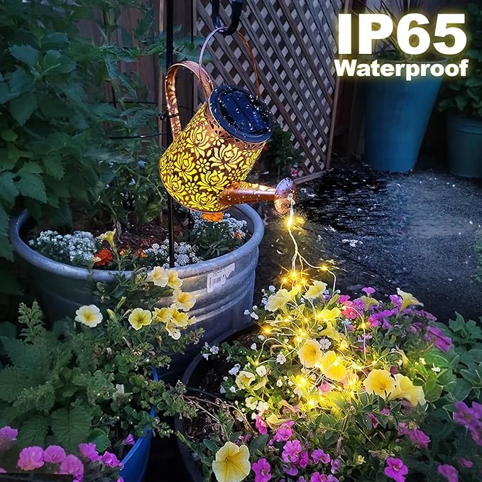Solar Watering Can Light - Metal Openwork Lotus Flower with Hook - Waterproof Hanging Lantern Outdoor Garden Yard Decorations - Birthday Gardening Gifts for Mom Grandma