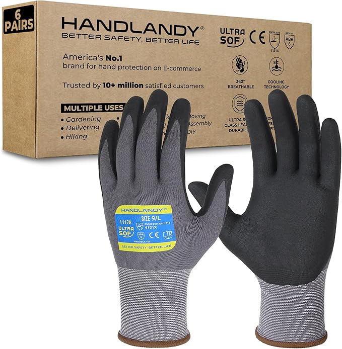 HANDLANDY 6 Pairs Safety Work Gloves with MicroFoam Nitrile Coated - Breathable Nylon Gloves with Grip for Men & Women