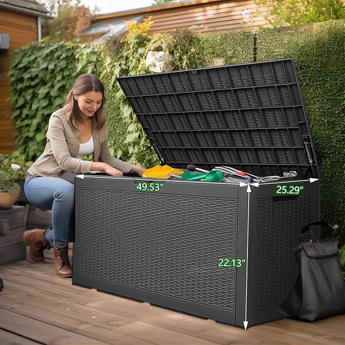 Vixzen 120 Gallon Outdoor Storage Box,Waterproof Lockable Resin Deck Box,Storage Container with Reinforced Support for Patio Cushions, Furniture Supplies, Garden Tools(Black，120 Gallon)