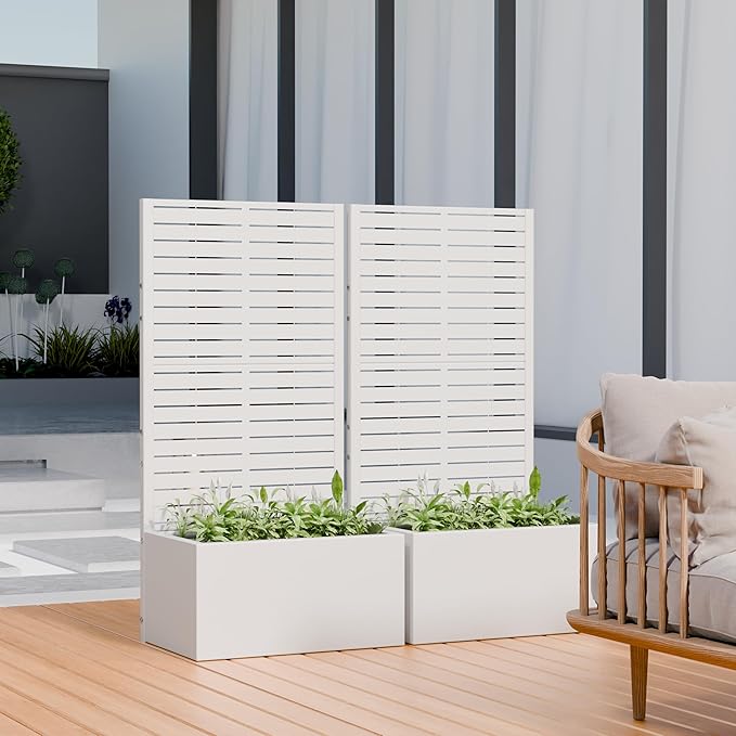Casaphoria Metal Raised Garden Bed with Trellis, 59"x30"x12" Planter Box for Climbing Plants, Vegetables & Vines, Features Drainage Holes and Privacy Screen (Black-Louvered)