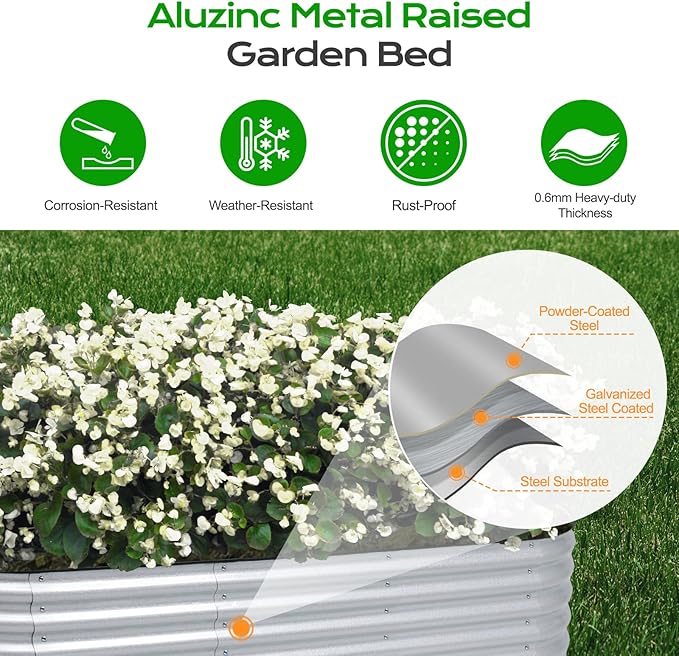 Aoodor 17" Tall Oval Galvanized Raised Garden Bed Kit, 6-in-1 Large Metal Outdoor Planter Box for Vegetables, Flowers, and Herbs, 7.5 x 2.3 x 1.5 Ft, Silver