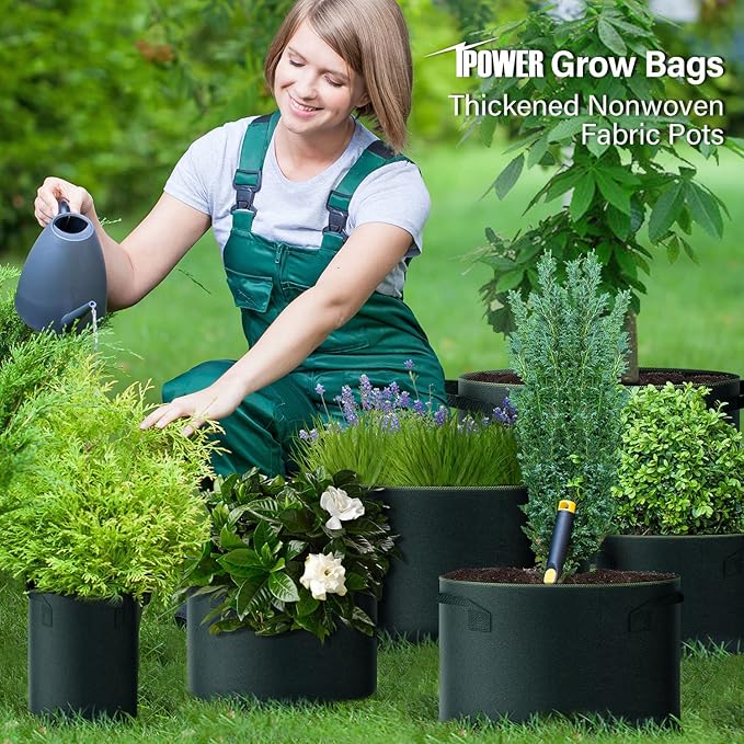 iPower 15-Gallon 5-Pack Grow Bag Thickened Nonwoven Fabric Pots Heavy Duty Aeration Container with Strap Handles for Garden and Planting Vegetable Flowers, Black with Green Stitch Sewing