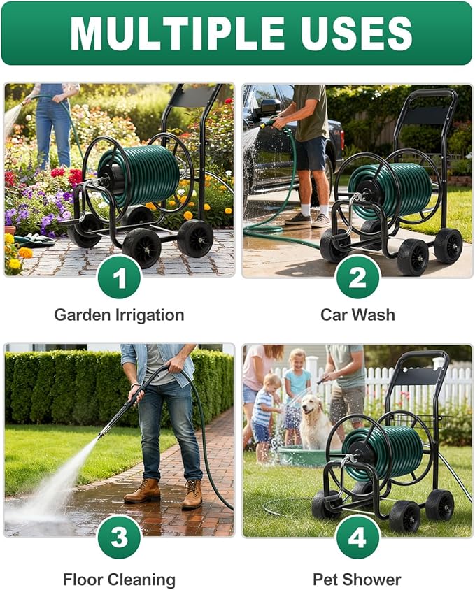 Outvita Garden Hose Reel Cart, Lawn Water Planting Cart with Wheels, Heavy Duty Outdoor Yard Water Planting Truck Holds 300-Feet of 5/8-Inch Hose with Storage Basket for Patio Farm(Black)
