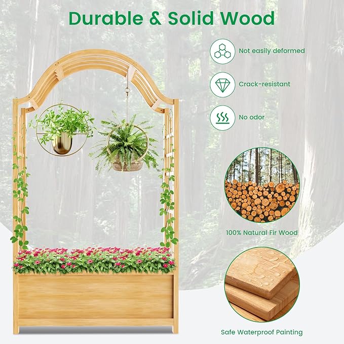 DoCred Raised Garden Bed with Trellis, Freestanding Wood Planter Box with Hanging Roof, Side Trellis Above Ground Elevated Garden Bed Outdoor Planter with Arch Trellis for Climbing Plants Vines Patio