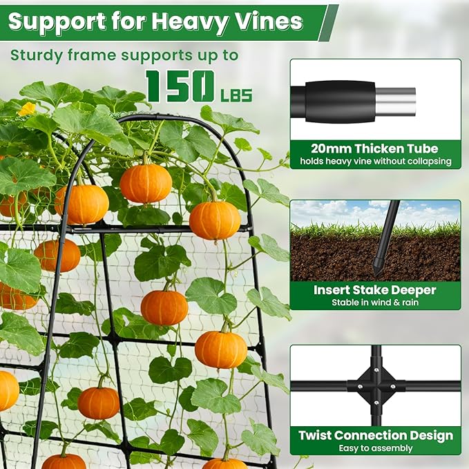 7.2FT Garden Arch Trellis for Climbing Plants, Heavy Duty 66" Wide Walk-Through Metal Arch with Netting, Wind-Resistant Vertical Garden Support for Cucumbers, Roses, Beans, Squash (65" Arch)