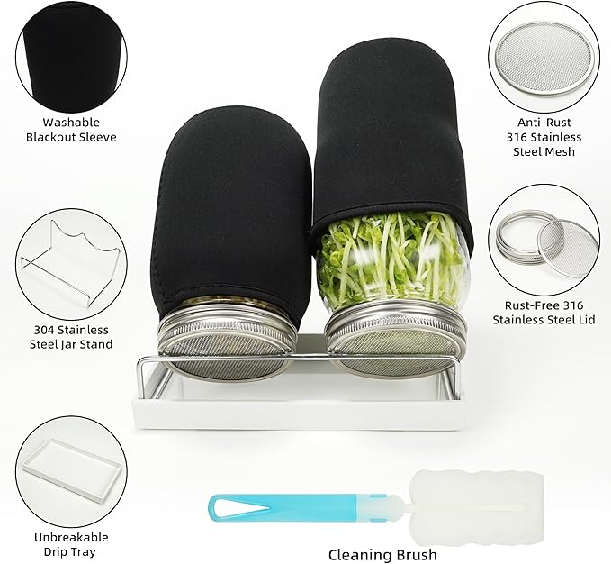 Sprouting Jar Kit Seed Sprouter Set for Growing Broccoli, Alfalfa, Mung Bea, Premium Stainless Steel Screen Sprout Lids, 2 Wide Mouth Mason Jars, Blackout Sleeves, Tray, Stand and Canning Brush