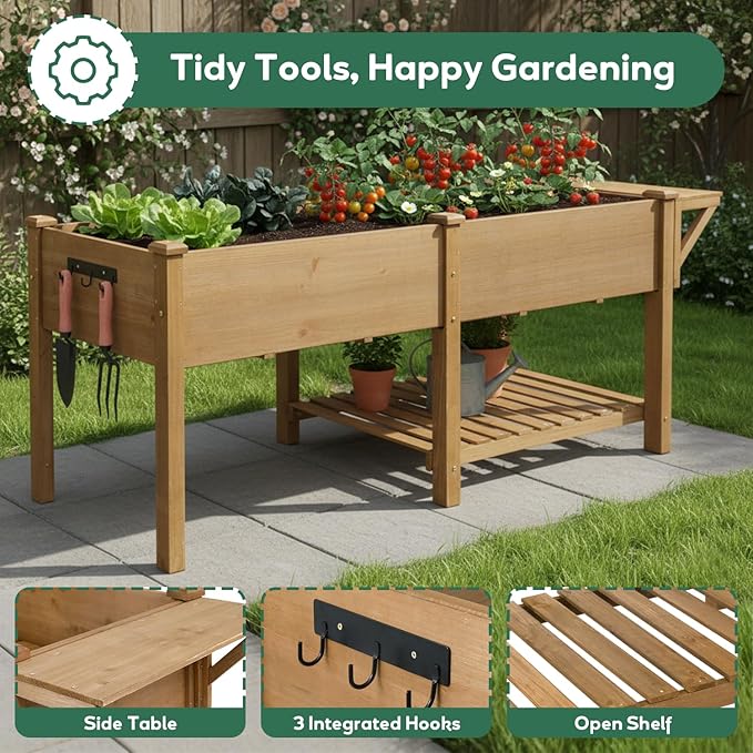 PetsCosset Raised Garden Bed with Legs, Wood Elevated Planter Box with Storage Shelf & Bed Liner, Hanging Hooks for Vegetables Flowers Herbs, Outdoor Patio & Backyard Use