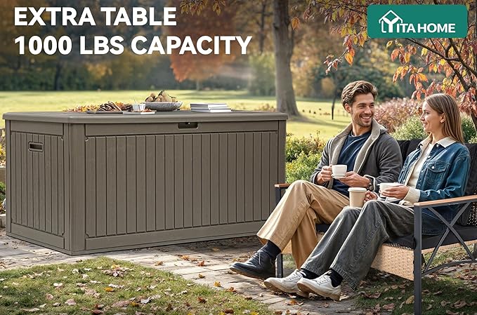 YITAHOME 320 Gallon Double-Wall Deck Box with Divider & Side Handles, Outdoor Large Storage for Patio Furniture Cushions, Garden Pool Accessories, Water Resistant & Lockable