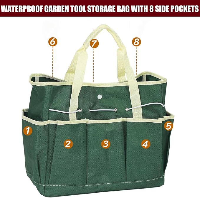 BLIRITEL Garden Tool Organizer,Waterproof Garden Tool Tote Bag with 8 Side Pockets,Outdoor Gardening Tool Storage Bag and Home Organizer for Gardener,Pottery,Electrician and Repairman