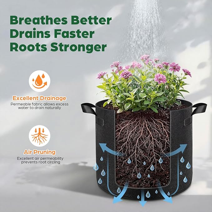 Songrey Grow Bags 5 Gallon 5 Pack, Thickened Nonwoven Fabric Pots with Handles, Heavy Duty Garden Planter for Tomato, Vegetables and Flower