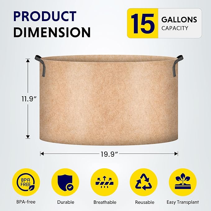 iPower 15 Gallon 5 Pack Grow Bags Nonwoven Fabric Pots Aeration Container with Strap Handles for Garden and Planting, 5-Pack Tan, 15 Gallon