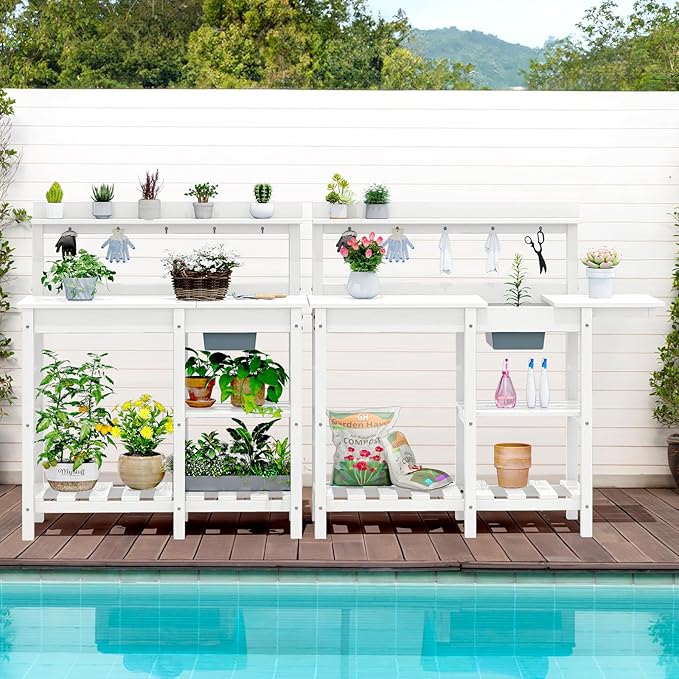 SERWALL Outdoor Potting Bench 2-Piece Set, Rot-Resistant HDPE Potting Table with Removable Sink for Outside Gardening, All-Weather Use - White