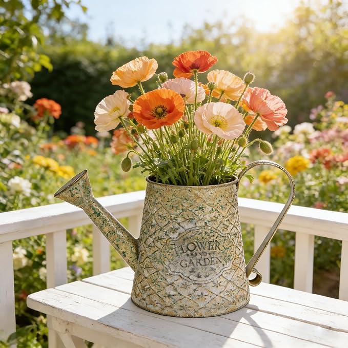 Vintage Metal Watering Can with Handle Rustic Farmhouse Watering Can Flower Pot Distressed Decorative Planter Retro Gardening Flower Bucket for Home Indoor Outdoor Garden Balcony Courtyard