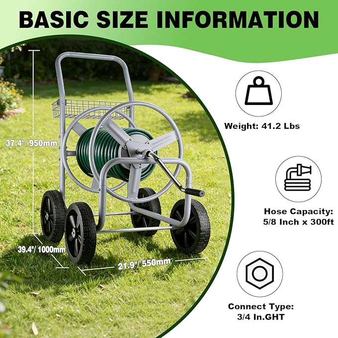 Hose Reel Cart, 300FT of 5/8’’ Hose, Heavy-Duty Water Hose Cart with 4 Wheels, Storage Basket, Portable Water Hose Organizer for Outside Yard, Outdoor Planting Tool (Sliver)