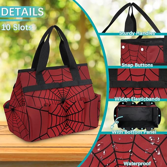 Gardening Tool Bag,Heavy Duty Garden Tote Bag,Portable Oxford Gardening Storage Basket Organizer Handbag with Pockets Handle,Hand Tools Gifts for Outdoor Garden Lawn Spiders Web Red