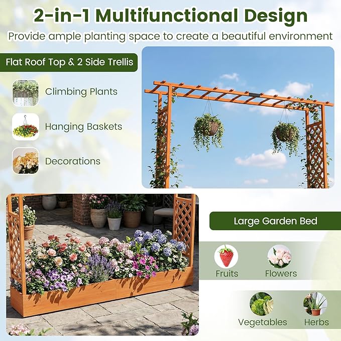 S AFSTAR Raised Garden Bed with Trellis, 2-in-1 Fir Wood Planter Box with Flat Roof & Drainage Holes, Vertical Planter Raised Bed for Climbing Plants, Flowers & Vegetables, 87" x 14" x 45" (Orange)