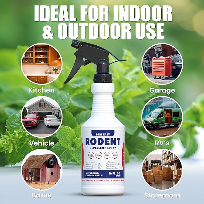Peppermint Oil Spray for Rodents - Rodent Repellent Spray for Mice & Rats, Plant-Based Extra Strong Formula, Indoor & Outdoor Use, by Pest Easy, 16 oz