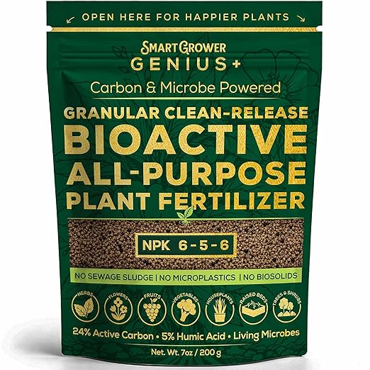 Bio-Active Plant Fertilizer Granular 6-5-6 Slow Release Carbon Enhanced Garden Fertilizer, Humic & Mycorrhizae – All Purpose Plant Food for Gardens, Indoor & Outdoor Plants, Smart Grower Genius+ 200g