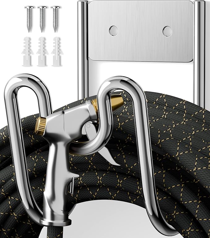 Garden Hose Holder Wall Mount - SS304 Stainless Steel Water Hose Hanger Heavy Duty Rack for Extension Cords Vacuum Hose Outside Silver (1 Pack)