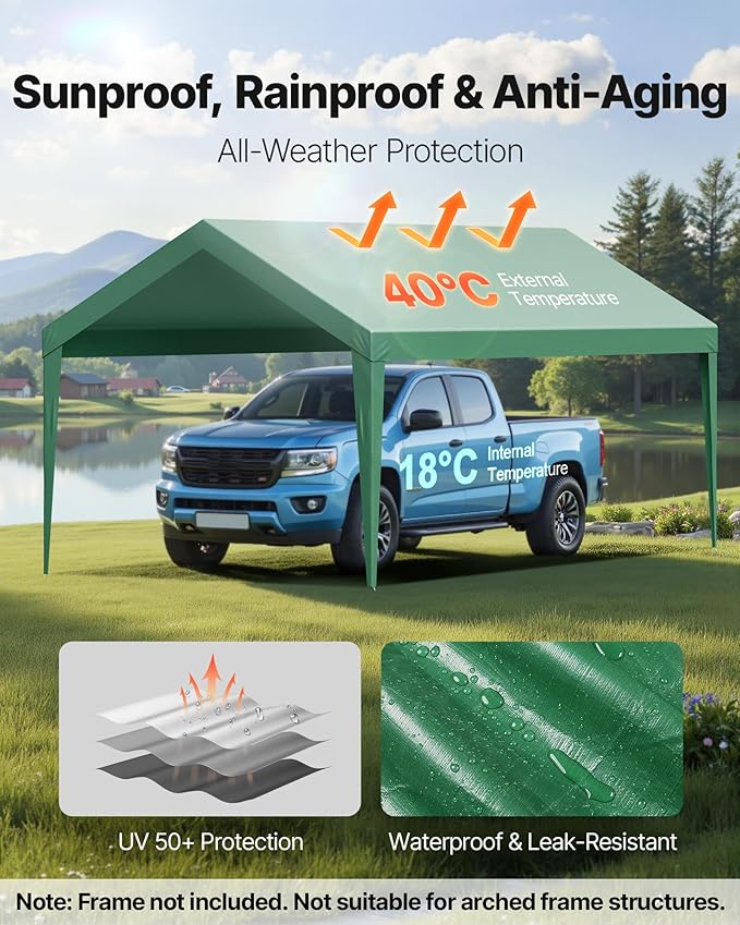 VEVOR Carport Replacement Canopy, 10 x 20 ft Potable Garage Tent Top Tarp, UV-Resistant & Waterproof Car Shelter Tarp, Heavy Duty Car Port Cover with Ball Buggees, Dark Green, Frame Not Included