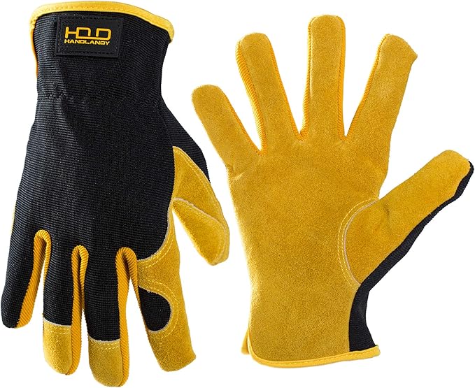 HLDD HANDLANDY Men Leather Gardening Gloves, Utility Work Gloves for Gardening, Yardwork, Construction, Mechanics