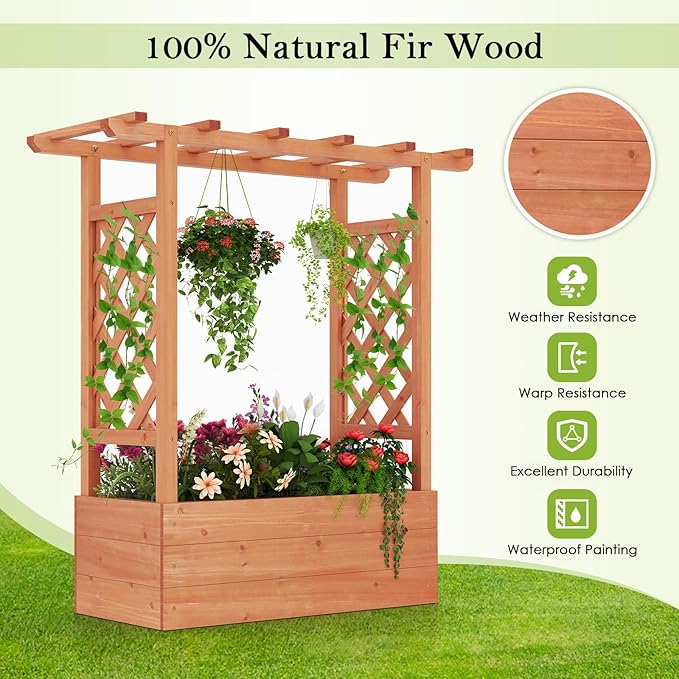 HAPPYGRILL Raised Garden Bed with Trellis, 2 Pack Freestanding Wood Planter Box w/Hanging Roof & 4 Drainage Holes for Vine Climbing Plants Flowers, Outdoor Planter with Trellis for Garden Patio Yard
