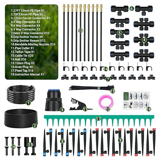 Drip Irrigation Kit, DIY Automatic Garden Watering System with Push-Fit Connectors, 2026 New Upgraded Water-Saving Design, 3 Adjustable Nozzles for Yard, Greenhouse, Lawn & Potted Plants (100FT)