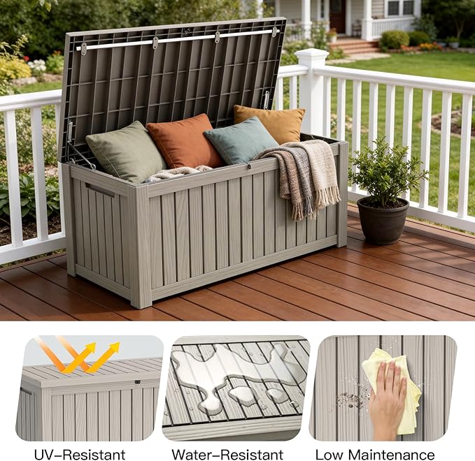 Mars Villa 120 Gallon Outdoor Storage Box, Resin Deck Box Waterproof for Patio Furniture Cushions, Pool Supplies, Gardening Tools, Weatherproof and UV Resistant, Greige