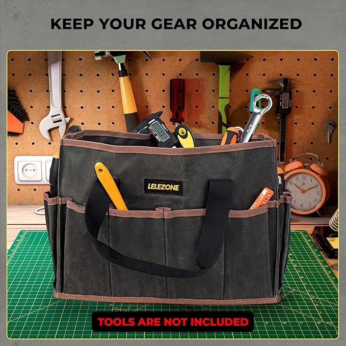 Tool Bag 16 oz. Waxed Canvas Tool Bag Large Capacity Tool Storage Tote comes with a Main Compartment and 12 Exterior Pockets for Wrenches, Scissors, Hammers or a set of Garden Tools and More ArmyGreen
