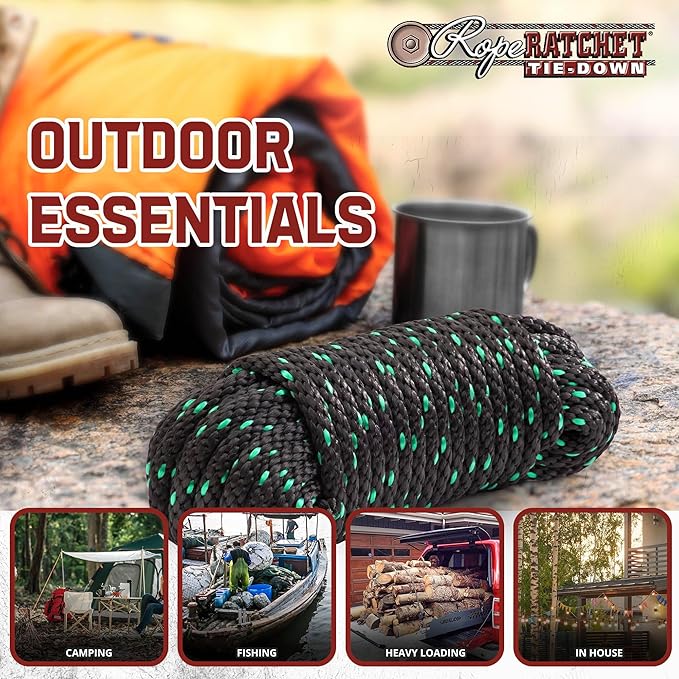 Rope Ratchet 1/2" 50 ft Braided Polypropylene Utility Cord, Weather Resistant Indoor Outdoor for Gardening, DIY Projects, Securing Loads, Binding, Knot Tying, Tarp Use, 500 lb Capacity - Black/Green