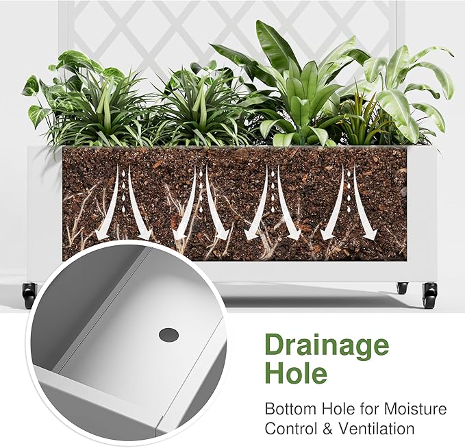 Casaphoria Metal Raised Garden Bed with Trellis and Wheels, 72"x35"x16" Planter Box for Climbing Plants, Vegetables & Vines, Features Drainage Holes and Privacy Screen, White-Rhombus