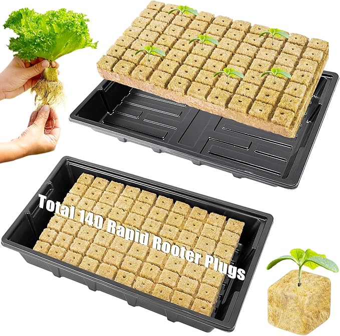 1" Rockwool Cubes for Hydroponics - 2 Sheets Garden Stonewool Grow Cubes Ideal for Clone Plant, Starting Seed, Cuttings Propagation, Total 140 Rapid Rooter Plugs and 2 Seedling Starter Trays
