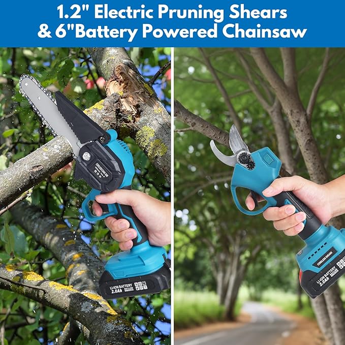4-in-1 Cordless Pole saw Pruning Set, Electric Pruning Shears & 6 Inch pole saws for tree trimming with 8ft Max Extension Pole, Two 20V 2.0Ah Batteries, Electric Pole Saw Tree Trimming Kit