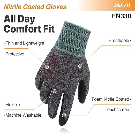 DEX FIT Nitrile Work Gloves FN330, 3D-Comfort Stretchy Fit, Firm Grip, Thin & Lightweight, Touch-Screen Compatible, Durable, Breathable & Cool, Machine Washable; Black Grey S (7) 12 Pairs