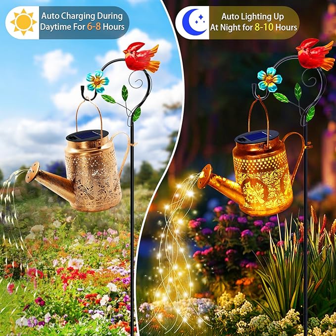 Big Solar Lights Outdoor Waterproof, Gift for Mom Grandma Women Wife Daughter Mother's Day, Cardinals Watering Can Light with Shepherd Hook, Outside Hanging Solar Light Garden Front Porch Patio Decor