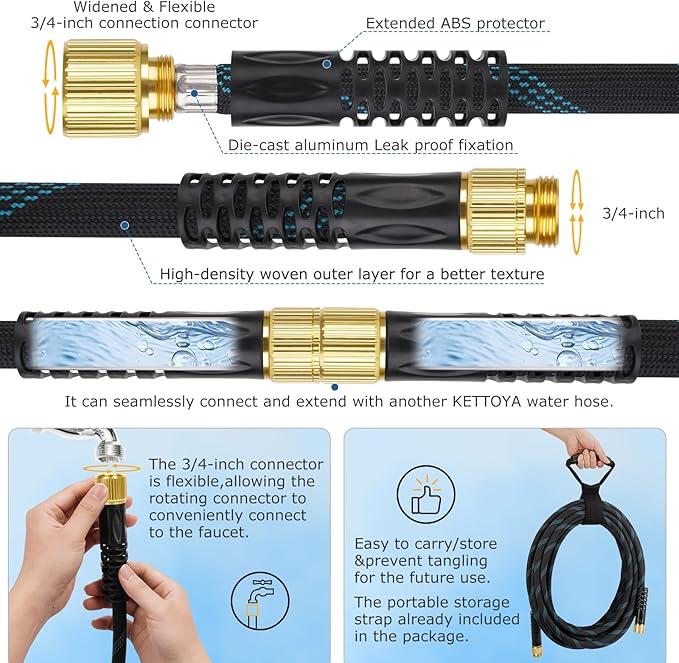 Non-Expanding Garden Hose 150 ft, Kink Free Flexible Water Hose with 10-Pattern Spray Nozzle, Lightweight Hose Pipe, Leak Proof, 3/4" Swivel Connectors, Super Fabric, Portable Storage Strap