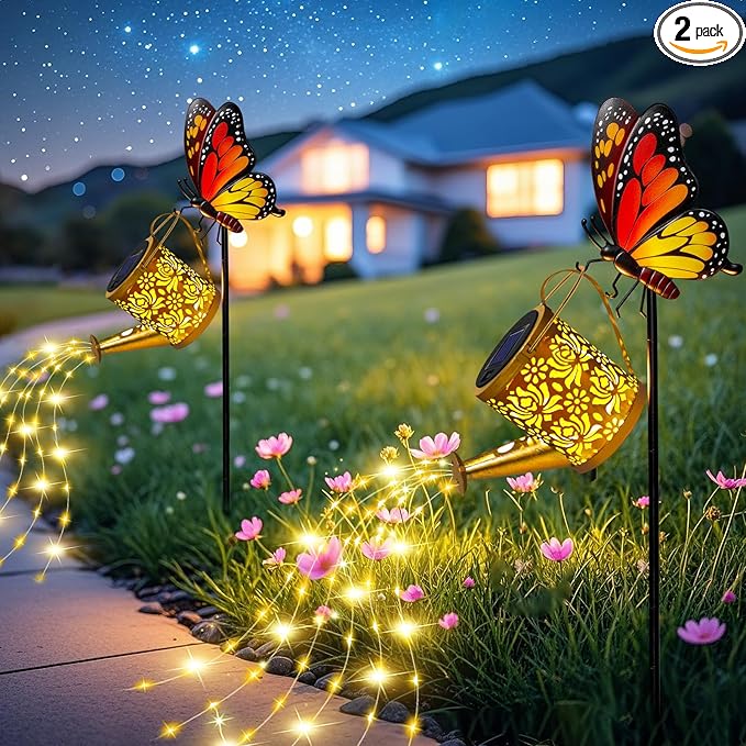 Solar Lights Outdoor Decorative, Watering Can with Cascading Lights on Butterfly Shepherd's Hook, Solar Garden Stake Decor for Yard Pathway,Gift for Women Mom (2pcs-Butterfly Garden Stakes)
